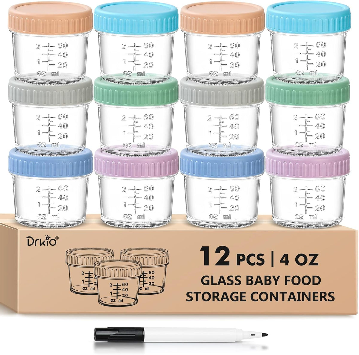 DRKIO 12 Pcs Baby Food Storage Containers 4 Oz Small Glass Jars with Lids
