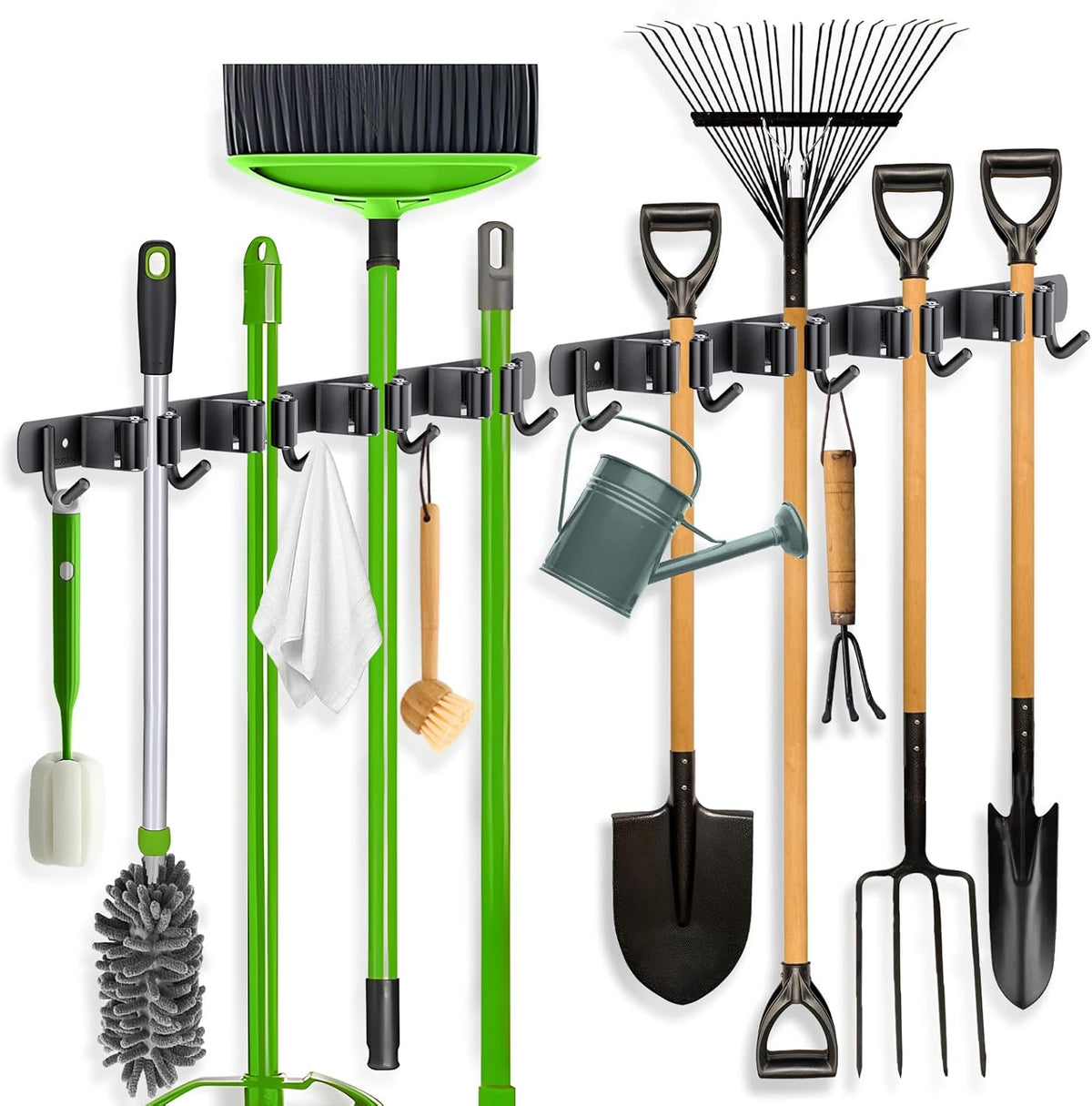 ZONGOOL 2 Pack Mop Broom Holder Wall Mount 4 Racks 5 Hooks Storage Black
