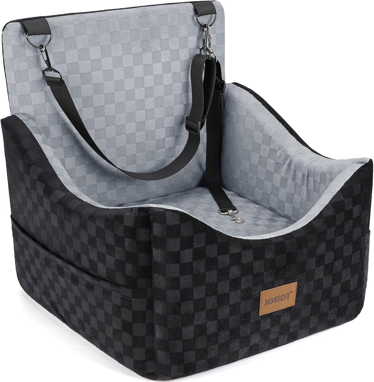 JOEJOY Elevated Dog Car Seat for Small/Medium Dogs up to 35 Lbs, Memory Foam Booster Seat with Detachable Washable Cover, Travel-Safe Car Bed with Safety Belts & Storage Pockets, Grey