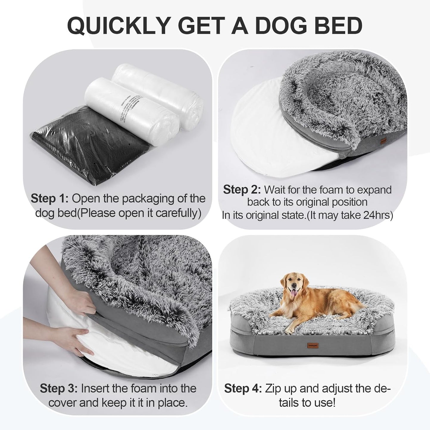 Iweepet 3.7 Inch Thickened Orthopedic Dog Beds for Large & Extra Large Dogs, Fluffy Claiming Dog Sofa Bed with Supportive 28D Egg-Crate Foam, Removable Washable Cover, Waterproof Lining, 44’’,Grey