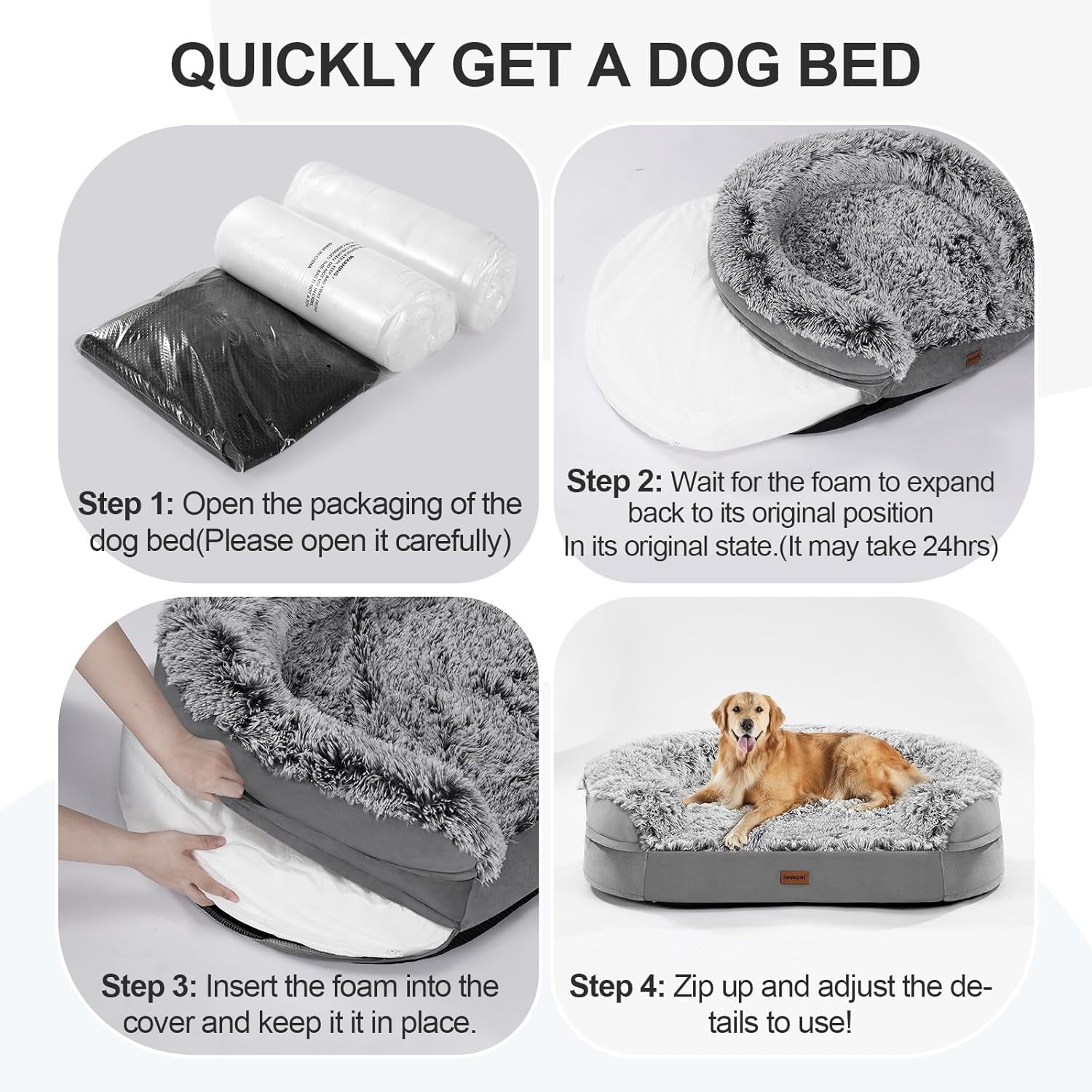 Iweepet 3.7 Inch Thickened Orthopedic Dog Beds for Large & Extra Large Dogs, Fluffy Claiming Dog Sofa Bed with Supportive 28D Egg-Crate Foam, Removable Washable Cover, Waterproof Lining, 44’’,Grey