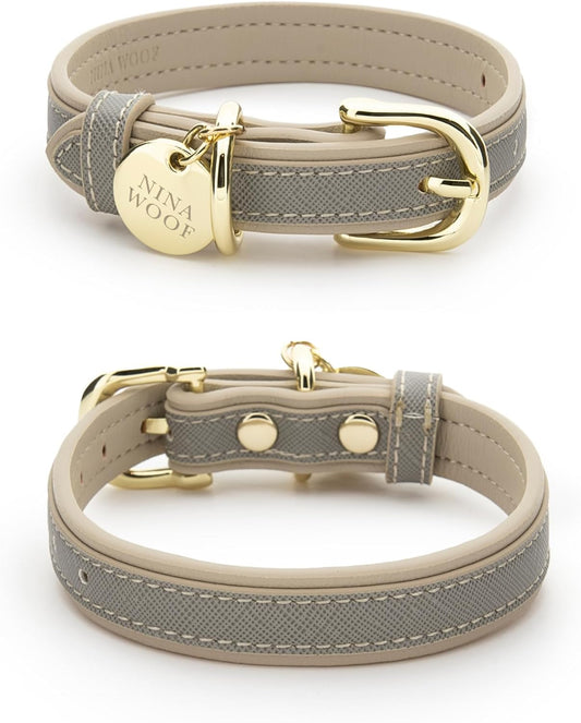 Nina Woof London Vegan Leather Dog Collar - Luxury Cute Dog Collar Adjustable Buckle Collar for Dogs, Dog Collar for Small Dogs to Dog Collar for Large Dogs - Padded Grey over Beige, Small