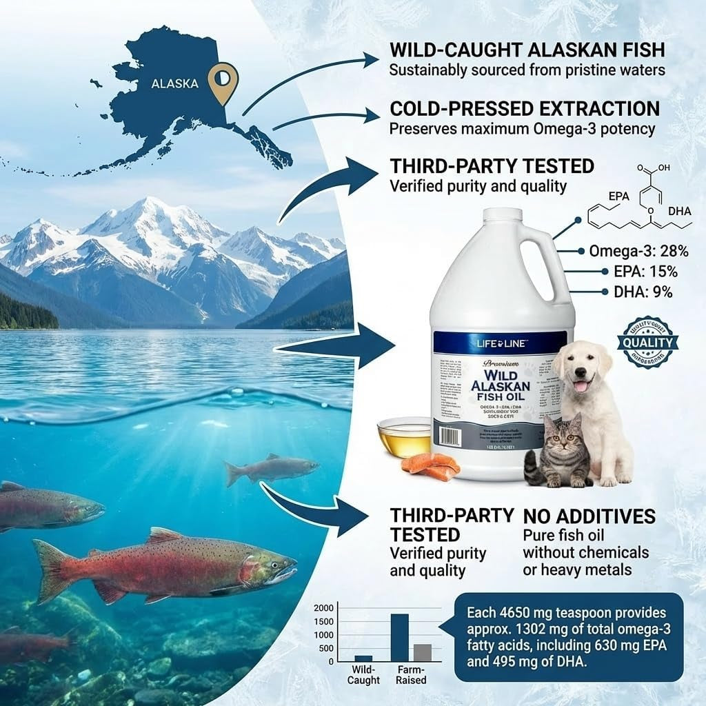 Life Line Pet Nutrition Wild Alaskan Fish Oil for Dogs and Cats 128Oz – Omega 3 Fish Oil Supplement for Skin & Coat, Brain, Eye & Heart Health
