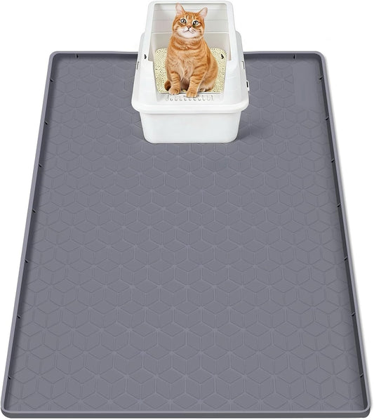 SORKUT Cat Litter Mat 34X22 Inch, Large Silicone Litter Box Mat for Floor Protection, Waterproof & Non-Slip, Soft for Cat Paws, Easy to Clean, Leak-Proof Edge, Gray