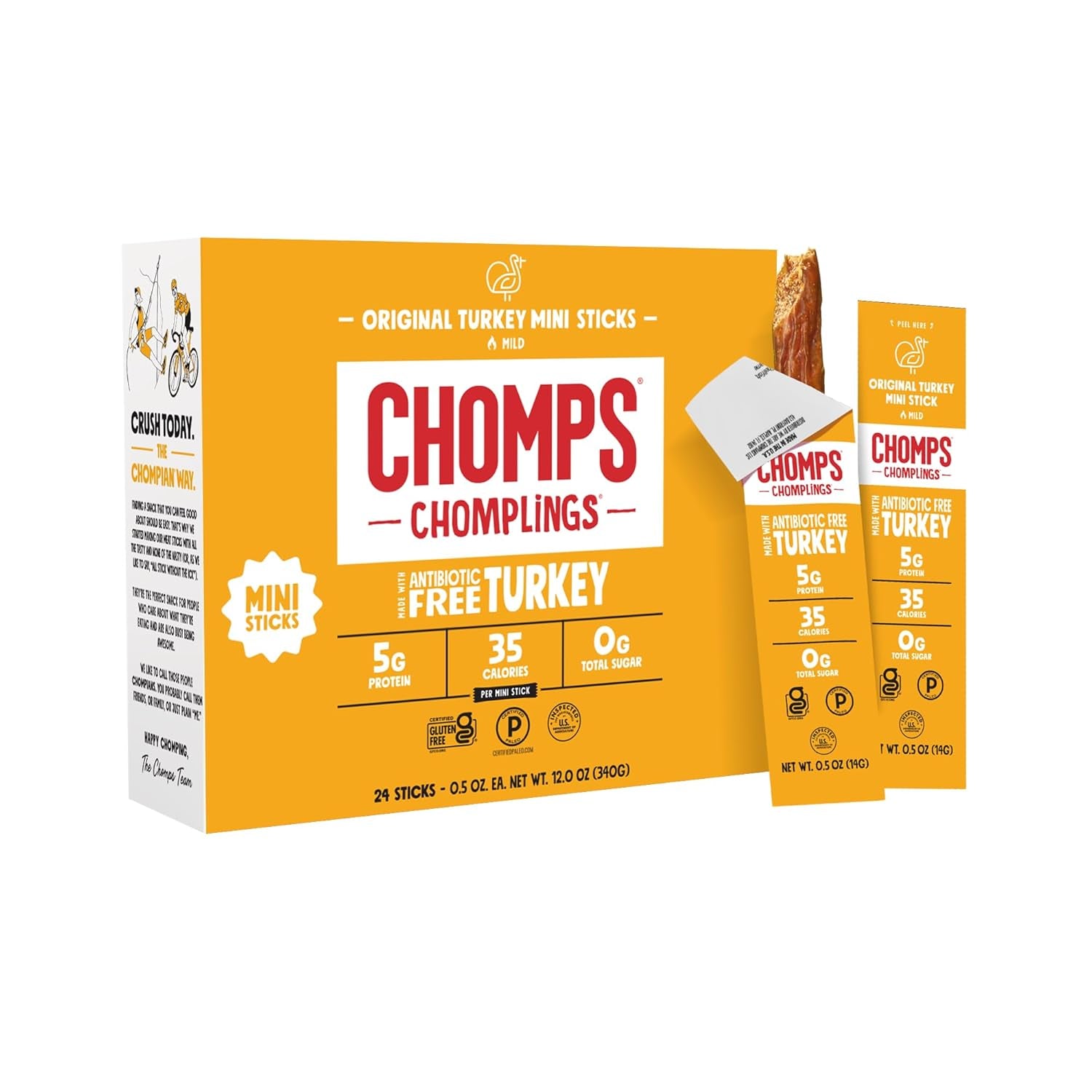 Chomps Snack Size Original Turkey Jerky Meat Sticks, ABF Turkey, Keto, Paleo, Whole30 Approved, Low Carb, High Protein, Gluten Free, Sugar Free, 35 Calories, 0.5 Oz (Pack of 24)