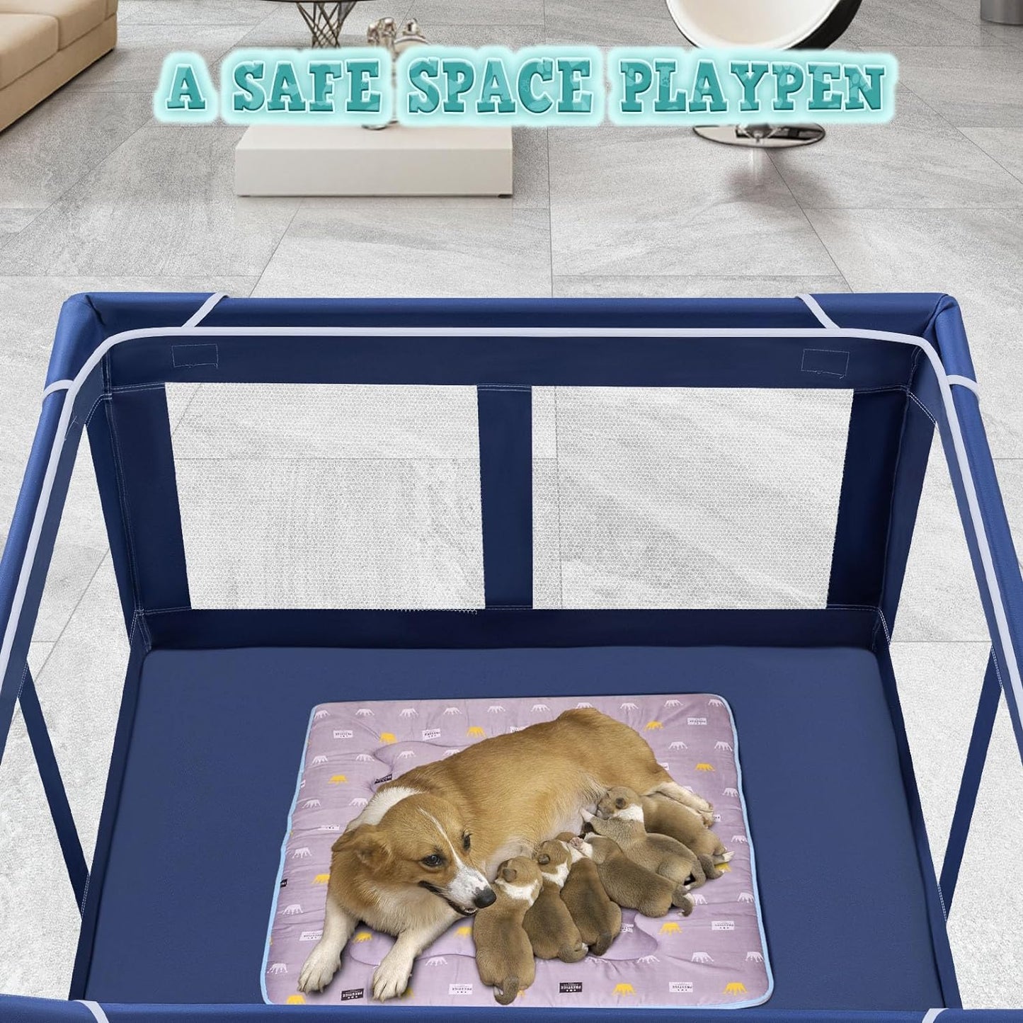 XVISHX 42X42 Inches Puppy Playpen with Gate, Dog Playpen for Puppies or Small Dogs, Dogfence Pet Playpen for Indoor & Outdoor, Sturdy Safety Dogpen with Thickened Fabric, High-Strength Nylon Wire Mesh