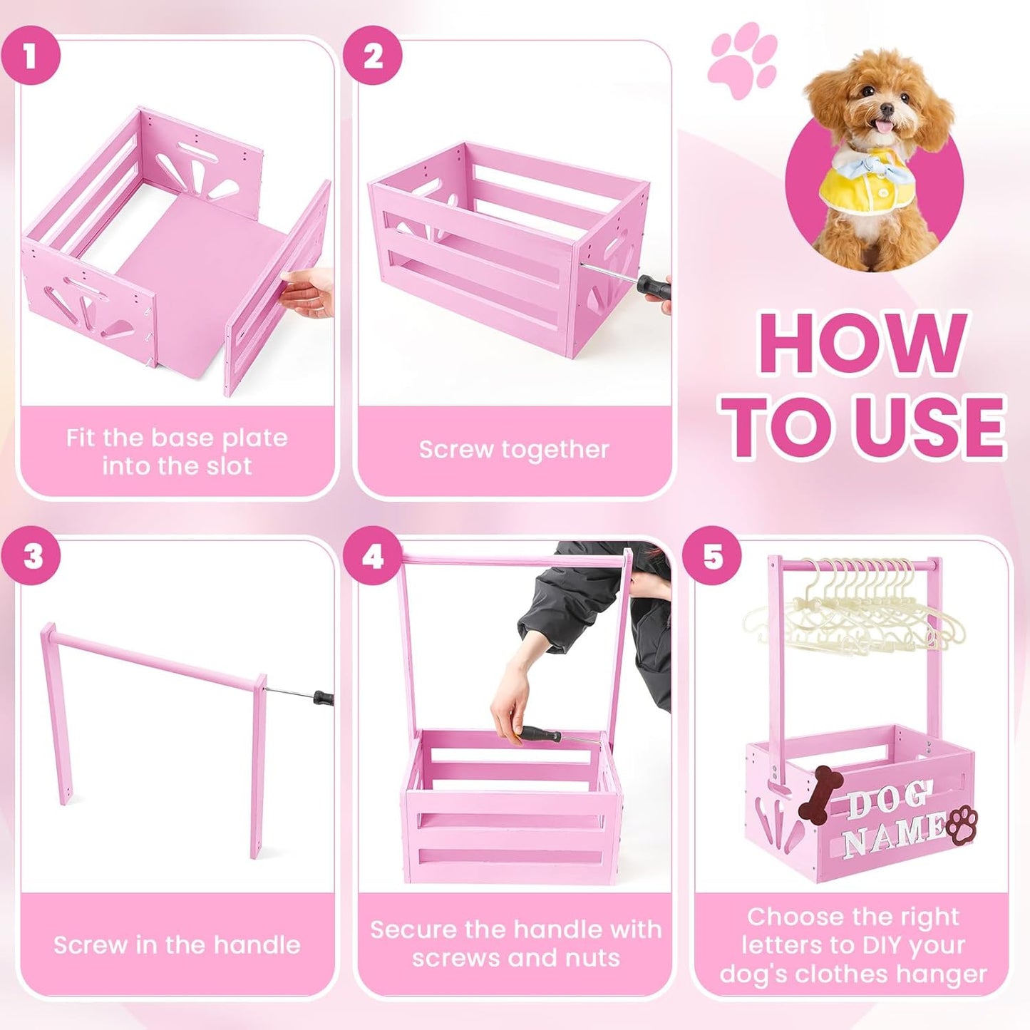 Teenyyou 20 X 13 X 9 Wooden Dog Closet Pet Wardrobe Crate Box with Hanging Rods and Personalized Alphabet Letters Easy Assembly Baskets for Dog Cat Toys Clothes Accessories(Pink)