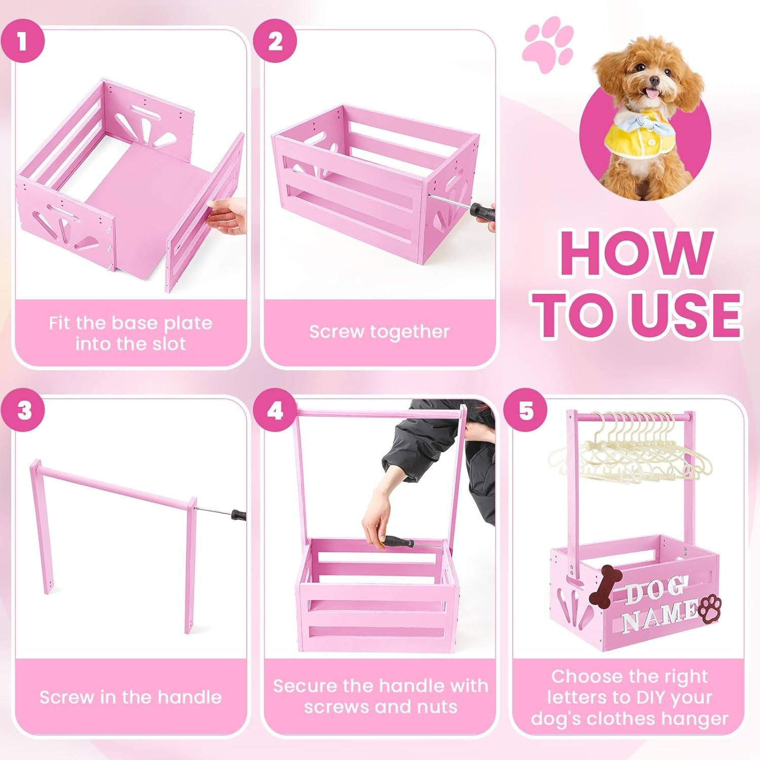 Teenyyou 20 X 13 X 9 Wooden Dog Closet Pet Wardrobe Crate Box with Hanging Rods and Personalized Alphabet Letters Easy Assembly Baskets for Dog Cat Toys Clothes Accessories(Pink)