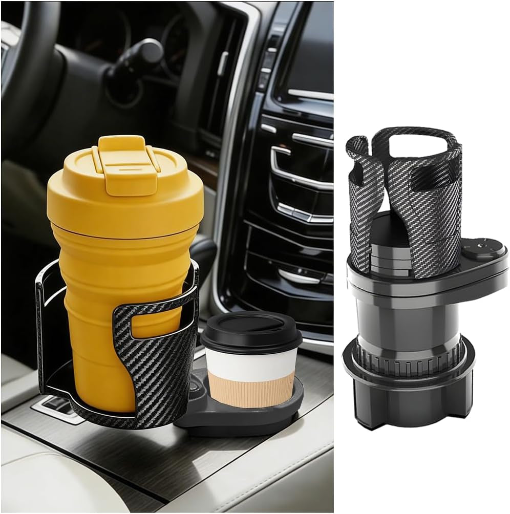 Car Cup Holder Expander, 2 in 1 Multifunctional 360° Rotating Water Bottles Holder Extender Adapter with Adjustable Base, Automotive Insert Drink Cup Adapter, Universal for Vehicles (Black)