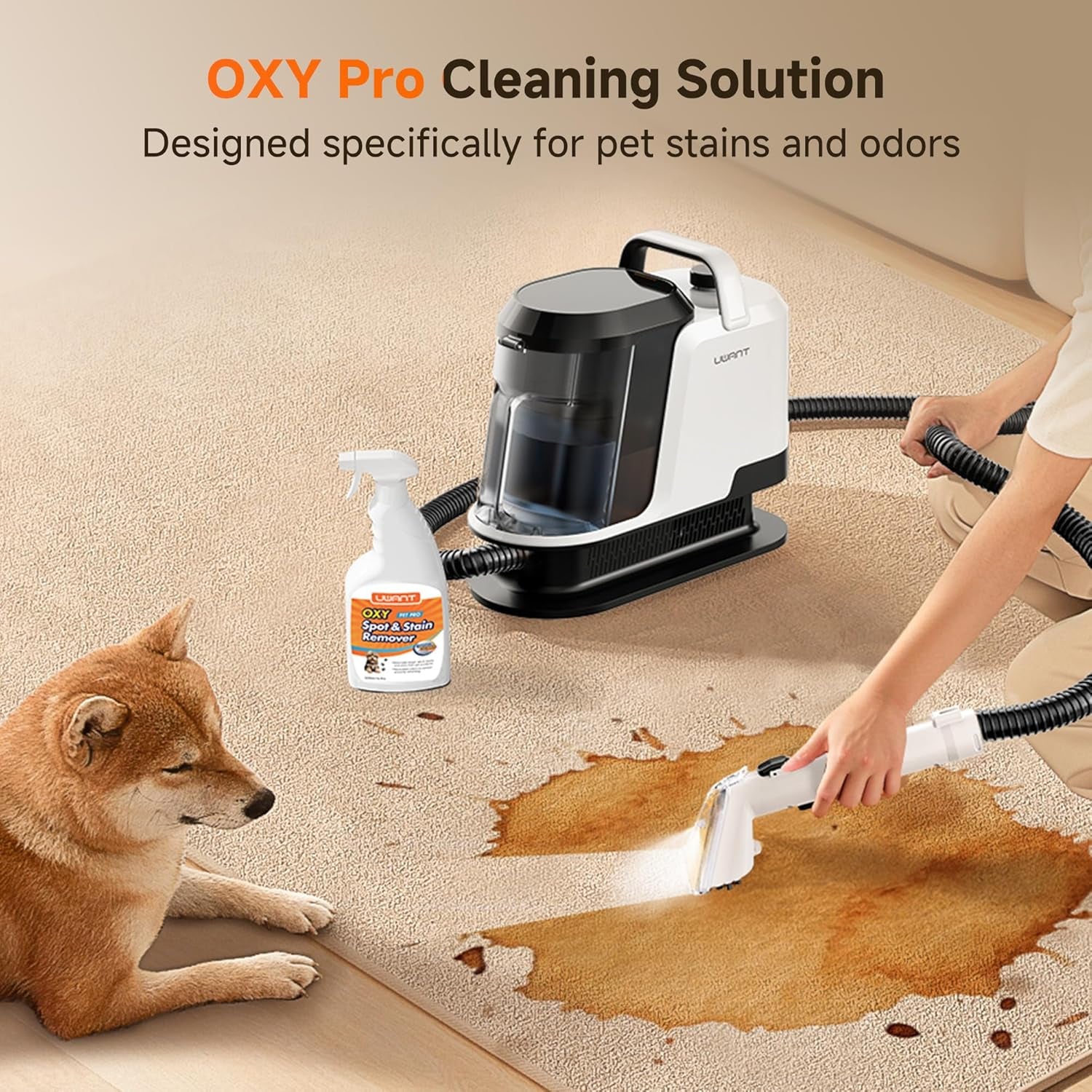 Uwant Upholstery Cleaner Machine with 18Kpa Suction Portable Carpet Cleaner Machine for Cars, Pets with Pet Pro Solution and Self Cleaning Tools Set of 1 for Spot, Rug, Couch