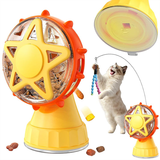 Interactive Cat Ferris Wheel Toy with Cat Wand, Rotating Treat Dispenser Puzzle Slow Feeder with Strong Suction Cup, Foraging Anxiety Relief Exercise Toy for Indoor Cats & Kittens (Yellow)