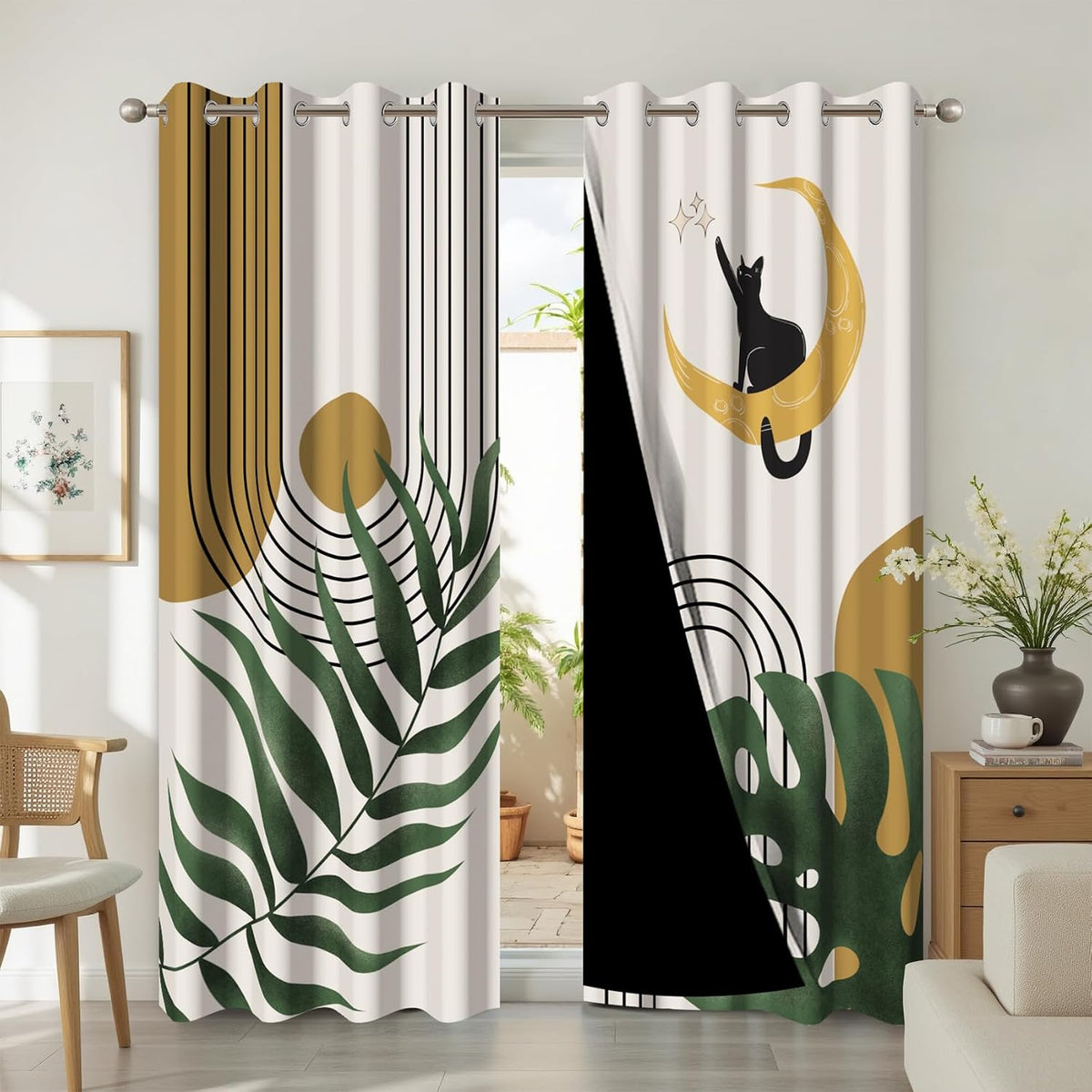 Bohemia Modern Abstract Curtains Mid Century Green Palm Leaves Black Cat Printed Washable Blackout Grommet Drapes for Living Room Bedroom Decor,2 Panels,Each W26 Xl63