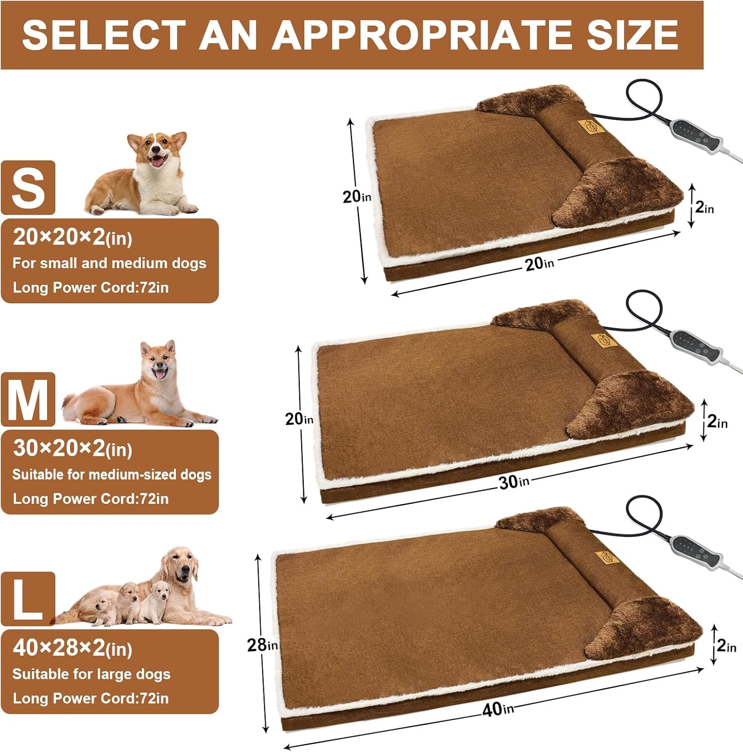 Heated Dog Bed for Large Dogs 40X27 Inches, Indoor Dog Couch Heated Pet Bed, Soft & Cozy Pet Warming Sofa with Temperature and Time Adjustable Themostat, Removable Cotton Sleeve
