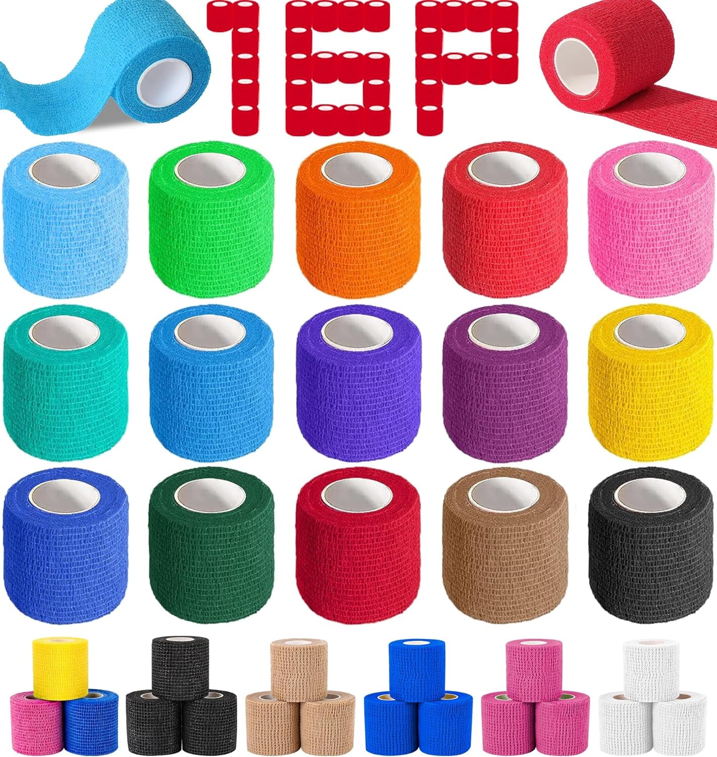 AZEN 16 Pack Self Adhesive Bandage Wrap, 2" X 5 Yards Elastic Cohesive Bandage Wrap, Color Athletic Tape, Vet Wrap, Ankle Tape