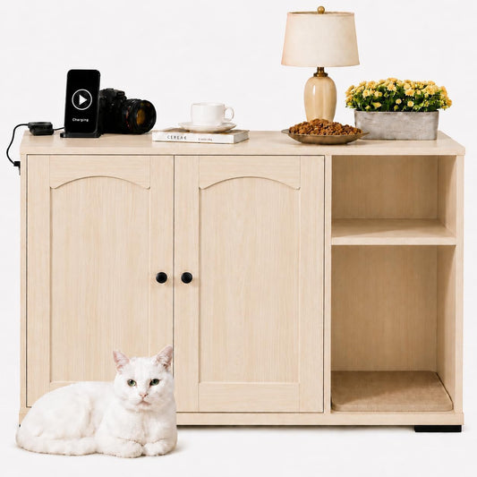 Cat Litter Box Enclosure Cabinet for Self-Cleaning, Charging & End Table