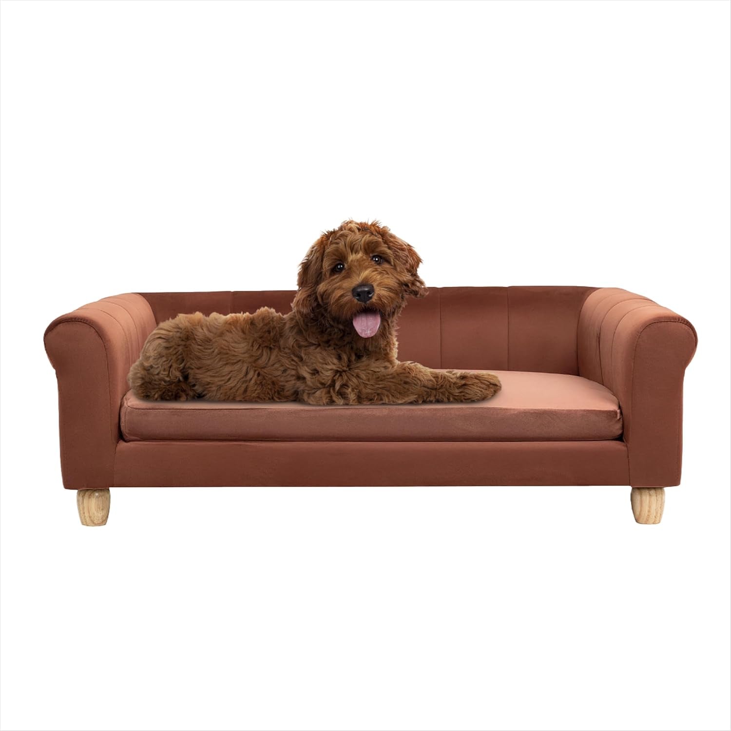 CRITTER SITTERS 42-In. Elegant Brown Faux-Velvet Rectangular Dog Sofa for Medium and Large Dogs, Elevated Plush Dog Couch
