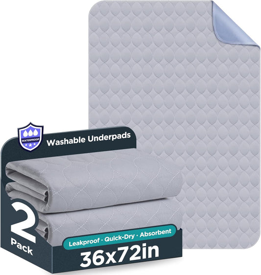 Washable Bed Pads 36" X 72" - 2 Pack, Grey, Waterproof Bed Pads for Incontinence, Bed Wetting Pads for Bed, Sofa, Floor, Resuable Underpads for Adults, Seniors, Pet