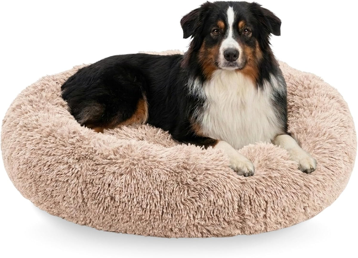 Active Pets Premium Large Donut Dog Bed, Fits up to 100 Lbs, Machine Washable Cushion, Plush Long Pile Faux Fur Fabric, Portable Beige Pet Bed Furniture for Puppies Adult Canines & Cats