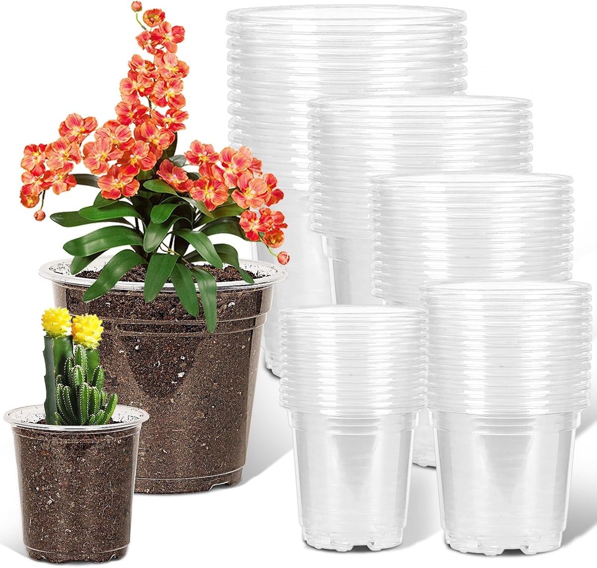 JNYONG 60 Pack 3.5/4/5/6/7 Inch Clear Nursery Pots with Drainage Hole