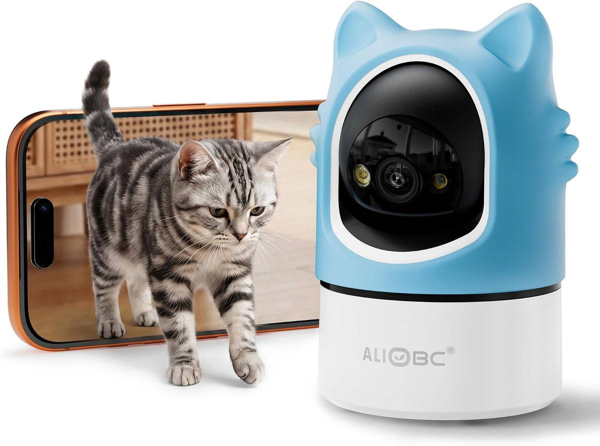 ALIOBC Pet Camera 2K Indoor Cat Camera Auto-Tracking for Cats, Motion Detection Alerts, Night Vision, 2-Way Audio of Pet Monitor, Cat Dog Home Security Camera with Phone App （Pale Blue）