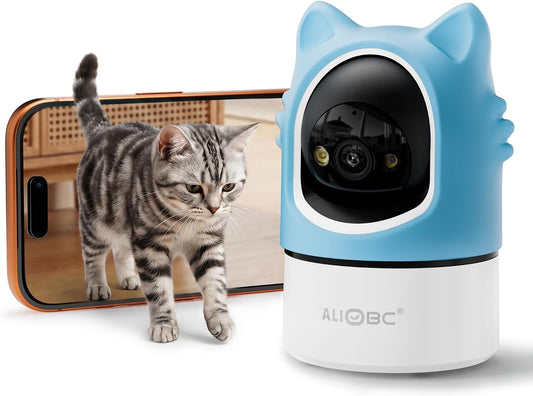 ALIOBC Pet Camera 2K Indoor Cat Camera Auto-Tracking for Cats, Motion Detection Alerts, Night Vision, 2-Way Audio of Pet Monitor, Cat Dog Home Security Camera with Phone App （Pale Blue）