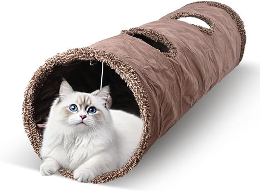 Collasiple Cat Play Tunnel, Interactive Cat Tubes and Tunnels for Indoor Play, Foldable Hide and Seek Toy for Cats, Rabbits, and Small Pets, Soft Brown Suede Pet Tunnel (Brown)