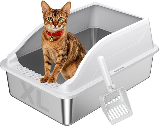 Stainless Steel Cat Litter Box, Extra Large XL Odor Free Metal Litter Box with High Sides Lid, Open Top Litter Pan Include Scoop Easy Cleaning Kitty Cat Box Anti-Urine Leakage, Non-Sticky