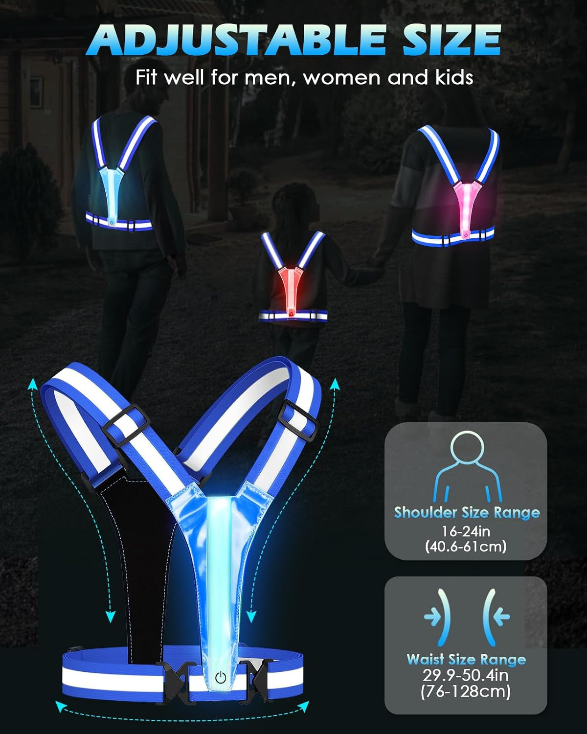 Zacro LED Reflective Vest Running Gear, 5 Lights Colors High Visibility Reflective Running Gear Rechargeable Light up Running Vest for Walking Running Cycling, Adjustable for Men Women Kids