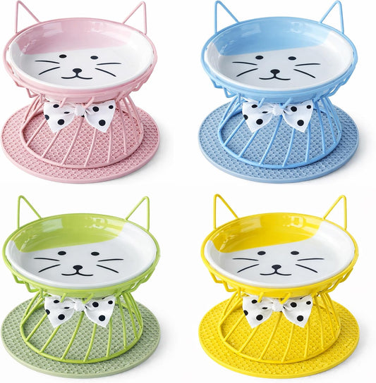 Ceramic Cat Bowls Set of 4, Raised Cat Food Bowl with Stand, Elevated Pet Food Feeding Station for Indoor Cats, Reduce Neck Stress, Whisker Friendly,For Kitten, Cat, Puppies, Dishwasher Safe