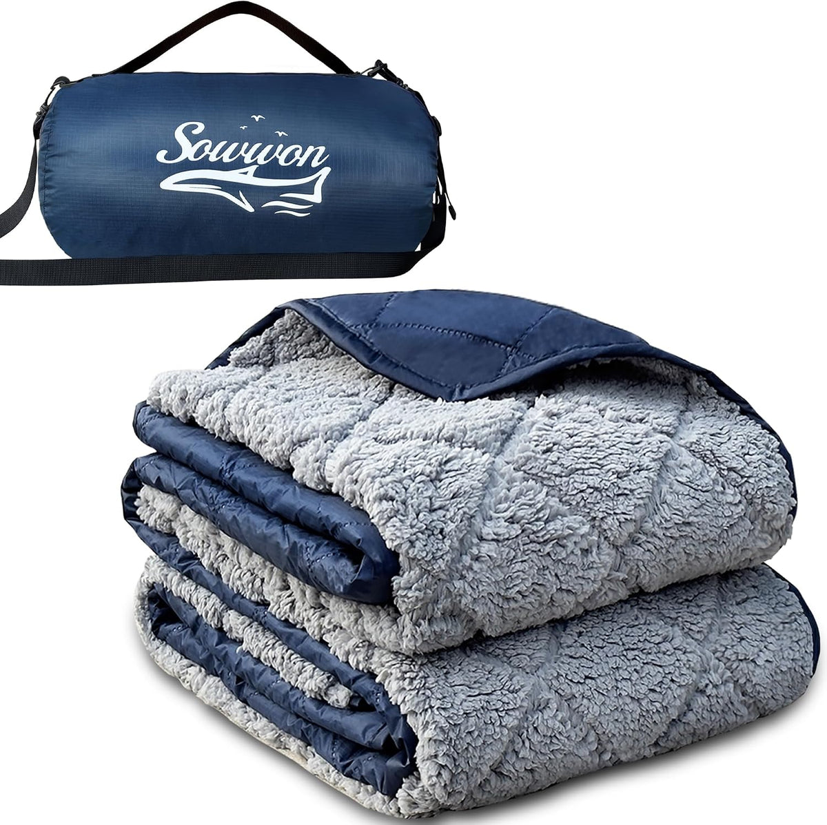 Waterproof Outdoor Blanket 82"X55" Large Sherpa Fleece 300GSM Navy