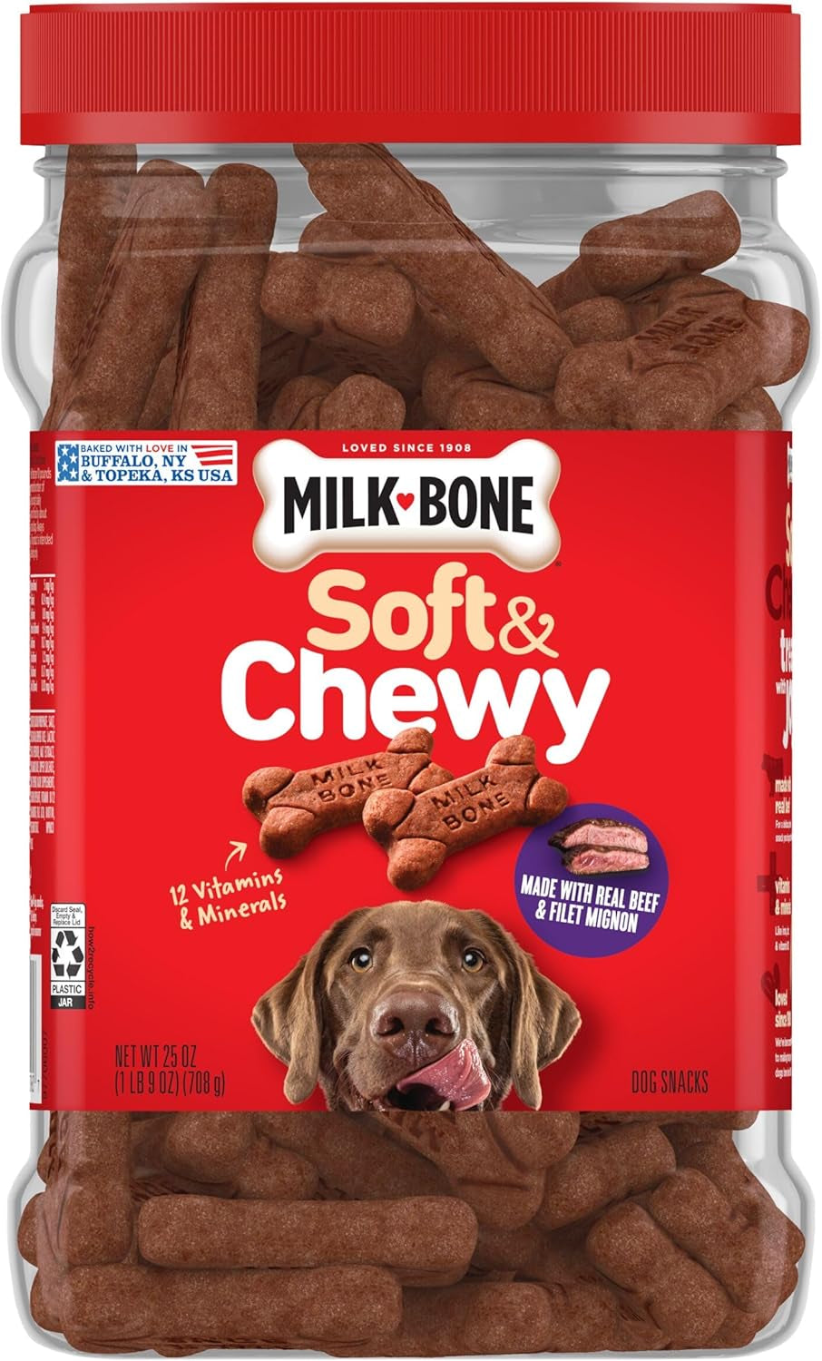 Milk-Bone Soft & Chewy Dog Treats, Made with Real Beef & Filet Mignon, 25 Ounce Canister