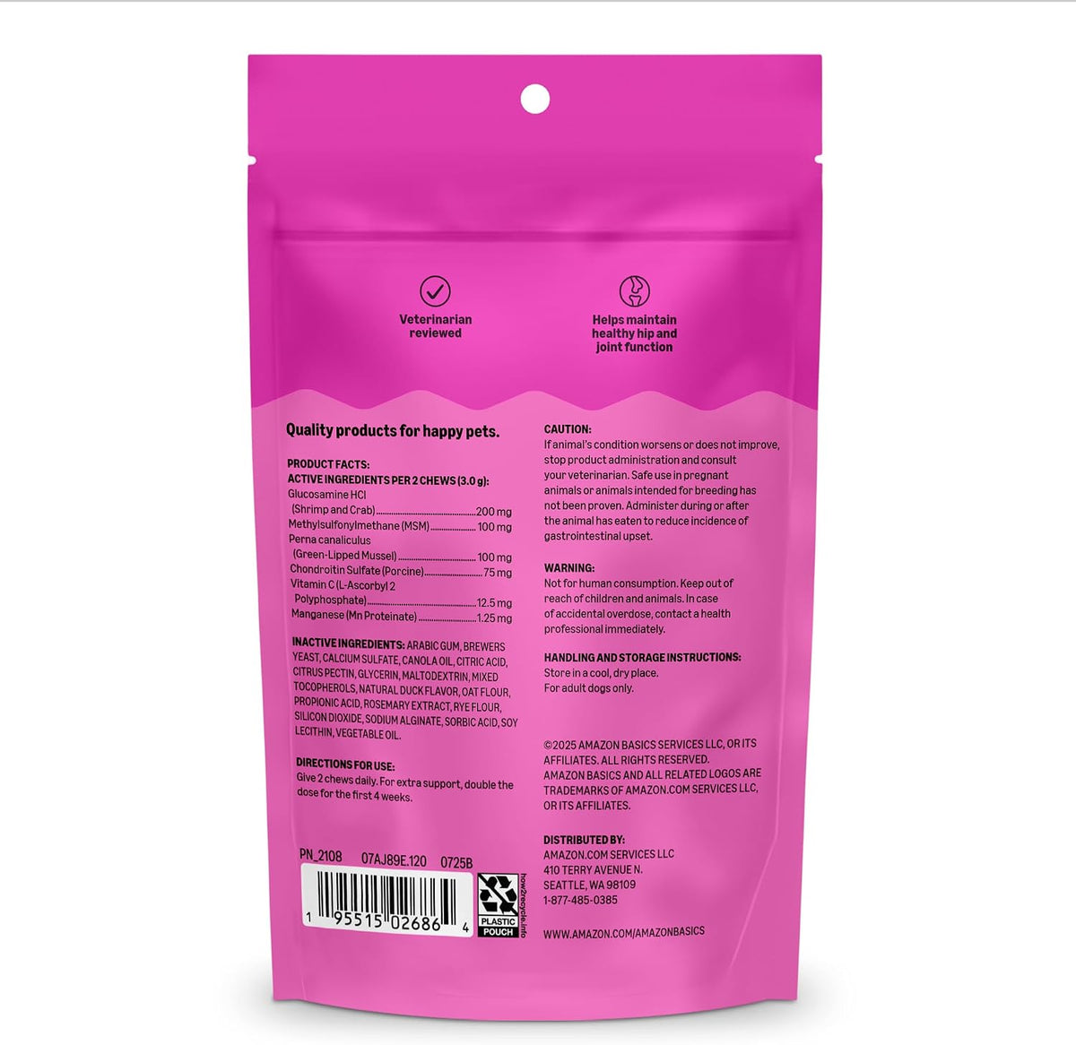 Amazon Basics Dog Hip & Joint Daily Supplement Chews with Glucosamine, MSM, and Vitamin C, Duck Flavored, 120 Count, Packaging May Vary