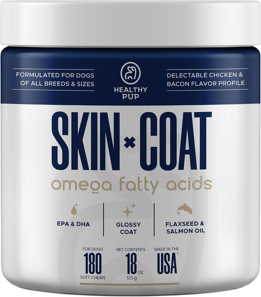 Dog Fish Oil Supplements - 180 Delicious Chew Treats - Omega 3 Rich Salmon Oil, EPA, DHA, Biotin, and Vitamin E for Healthier, Shinier, Skin, Coat and Fur, Helps Skin Allergies
