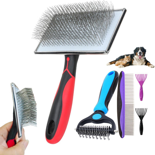 5-In-1 Dog & Cat Extra Long Pin Grooming Kit Slicker Brush for Large Dogs Cats Remove Loose Fur, Undercoat Brush for Shedding, Dematting Comb & Cleaner for Long Haired Pets
