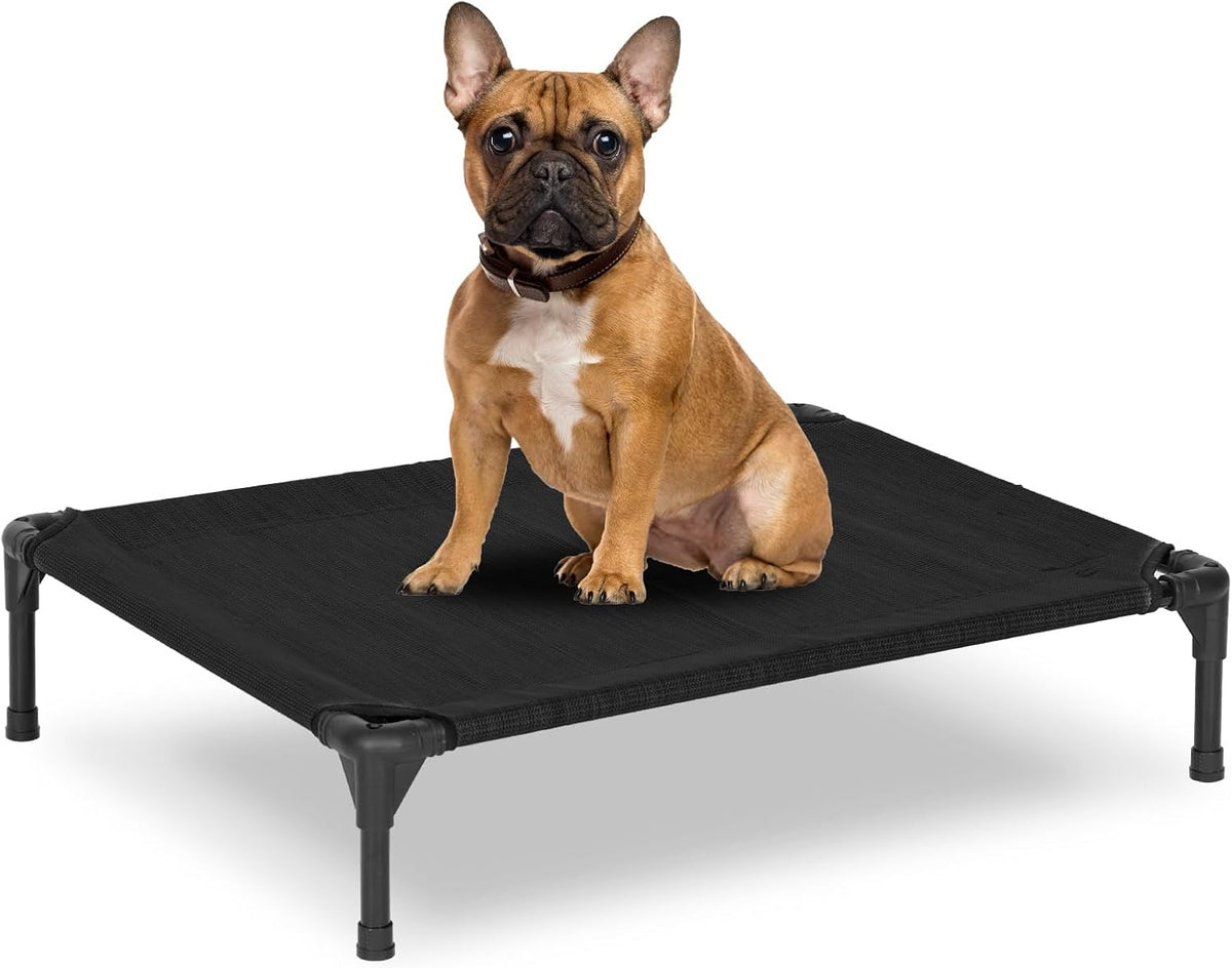 Elevated Dog Bed for Outdoor, Medium Raised Dog Cot with Washable Mesh, Cooling Pet Cot Chew Proof for outside Camping, 32"X25" Black