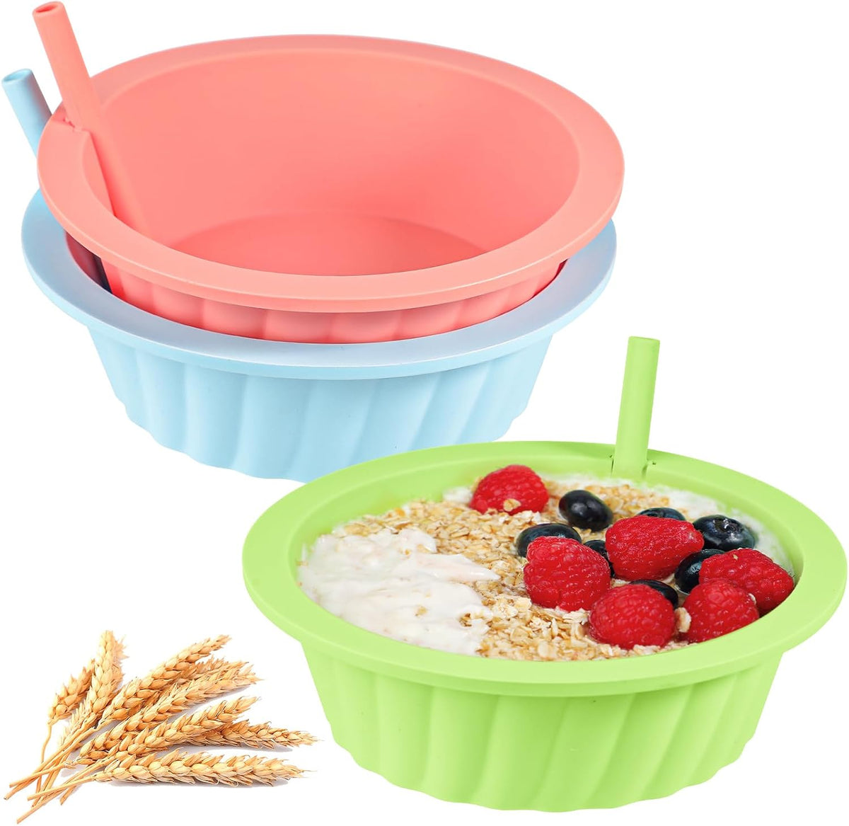 Webake Silicone Cereal Bowl with Straw, 20Oz Unbreakable Bowls for Soup, Milk, Yogurt, Reusable, Microwave & Dishwasher Safe, Pack of 3