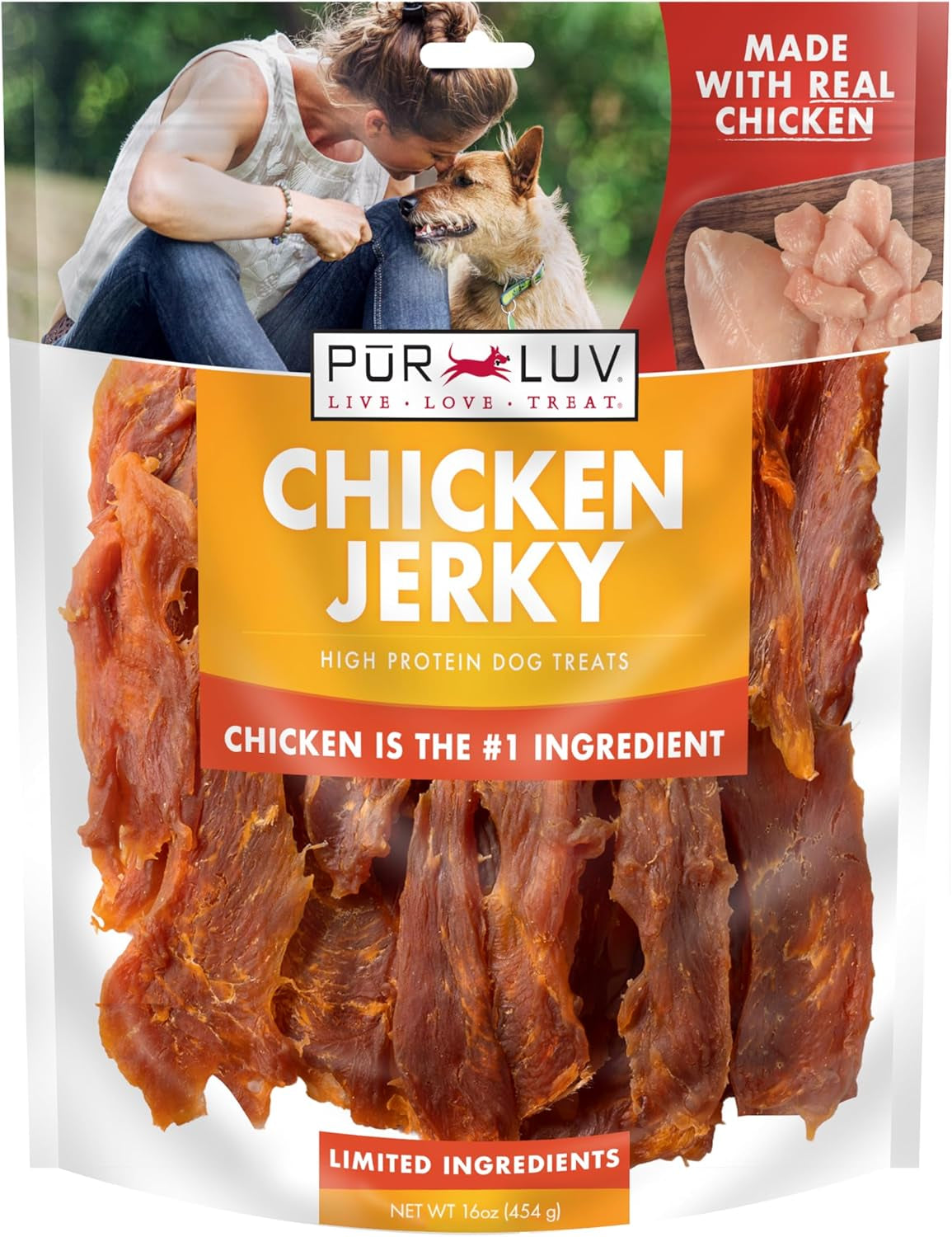 Pur Luv Chicken Jerky Dog Treats, Made with 100% Real Chicken Breast, 16 Ounces, Healthy, Easily Digestible, Long-Lasting, High Protein, Satisfies Dog'S Urge to Chew