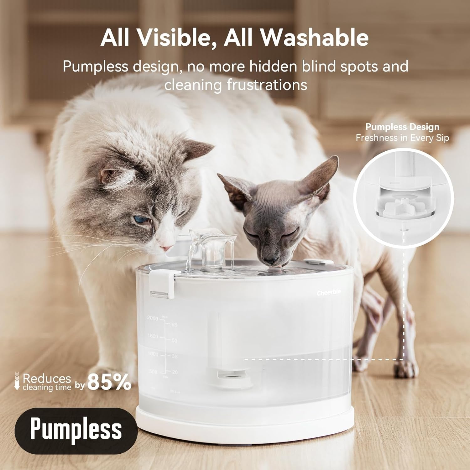 Cheerble Pumpless Cat Water Elfin Fountain, Wireless Pet Fountain Battery Operated, 2L/67Oz E1+ Automatic Water Dispenser Cats & Dogs Magdrive™ Technology Stainless Steel Tray, No Cleaning Hassle