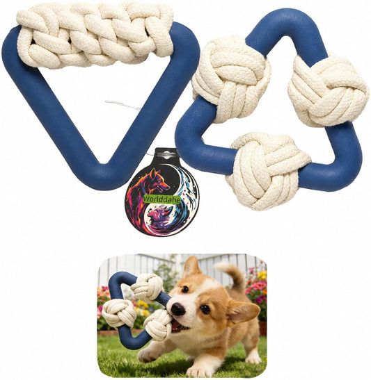 Dog Natural Rubber Toys with 2 Styles Rope, Trangle Durable Chew Toys, Teeth Cleaning for All Breeds, Interactive Toys for anti Boredom & Anxiety