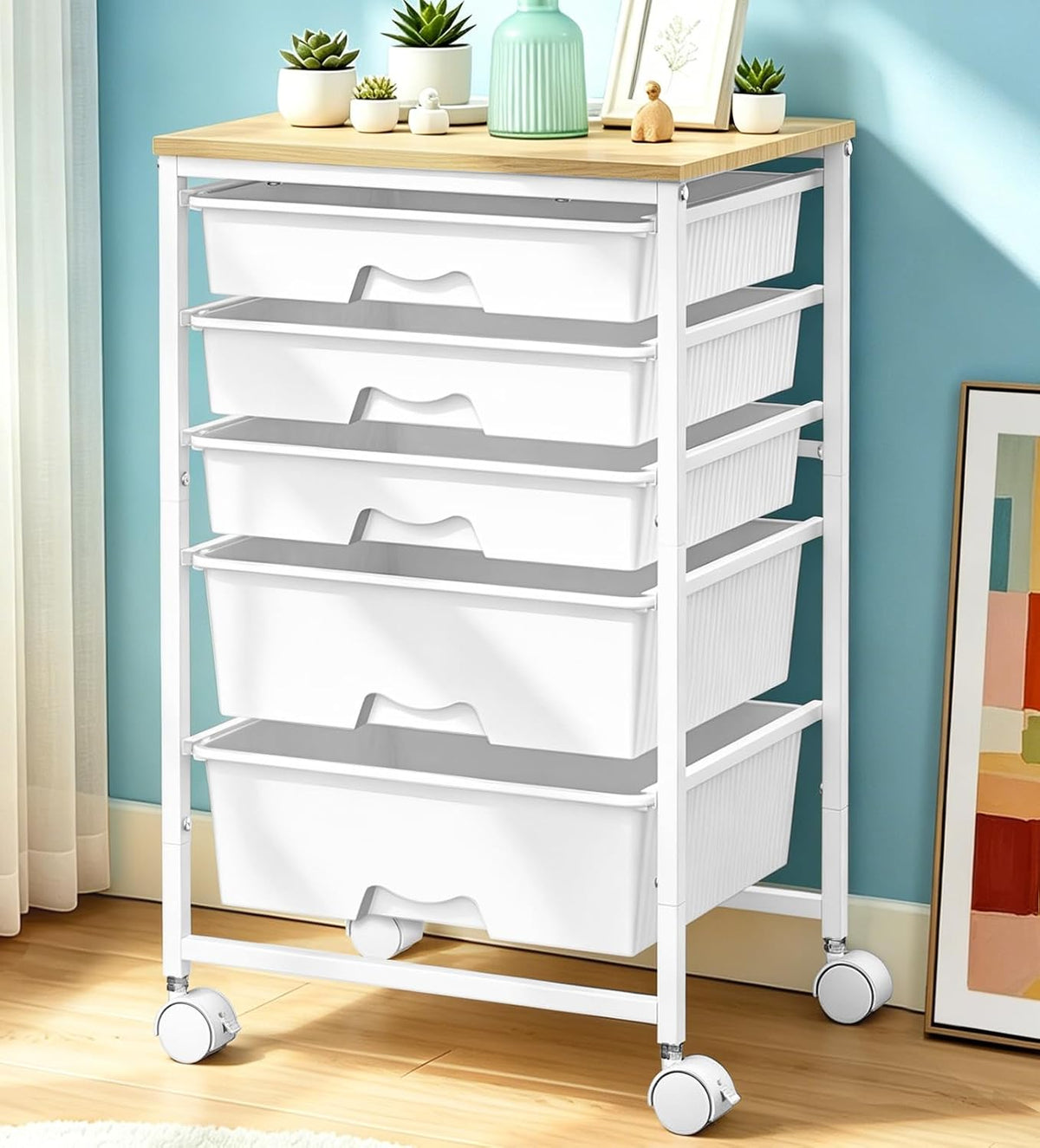 SUNALLY Rolling Carts with 5 Drawers, Storage Drawer Carts for Craft, White