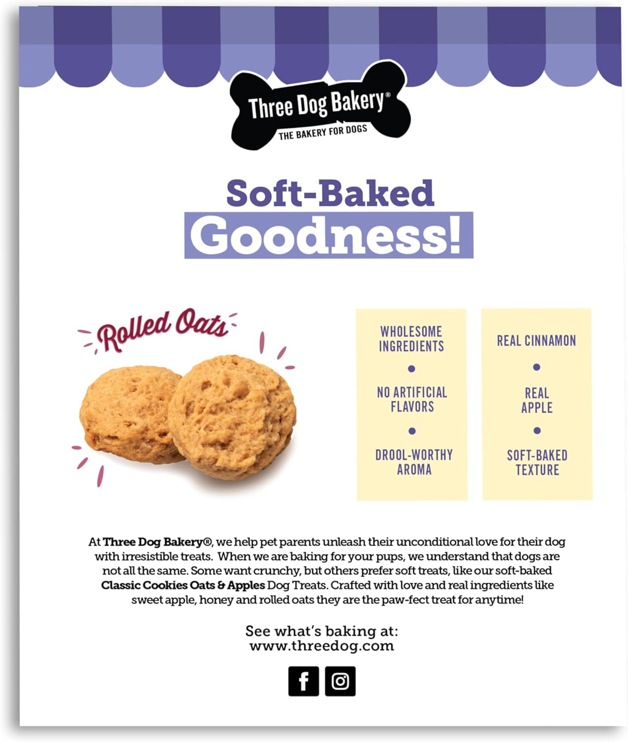 Three Dog Bakery Soft Baked Classic Cookies with Oats and Apple, Premium Treats for Dogs, 13 Ounce Box (114334)
