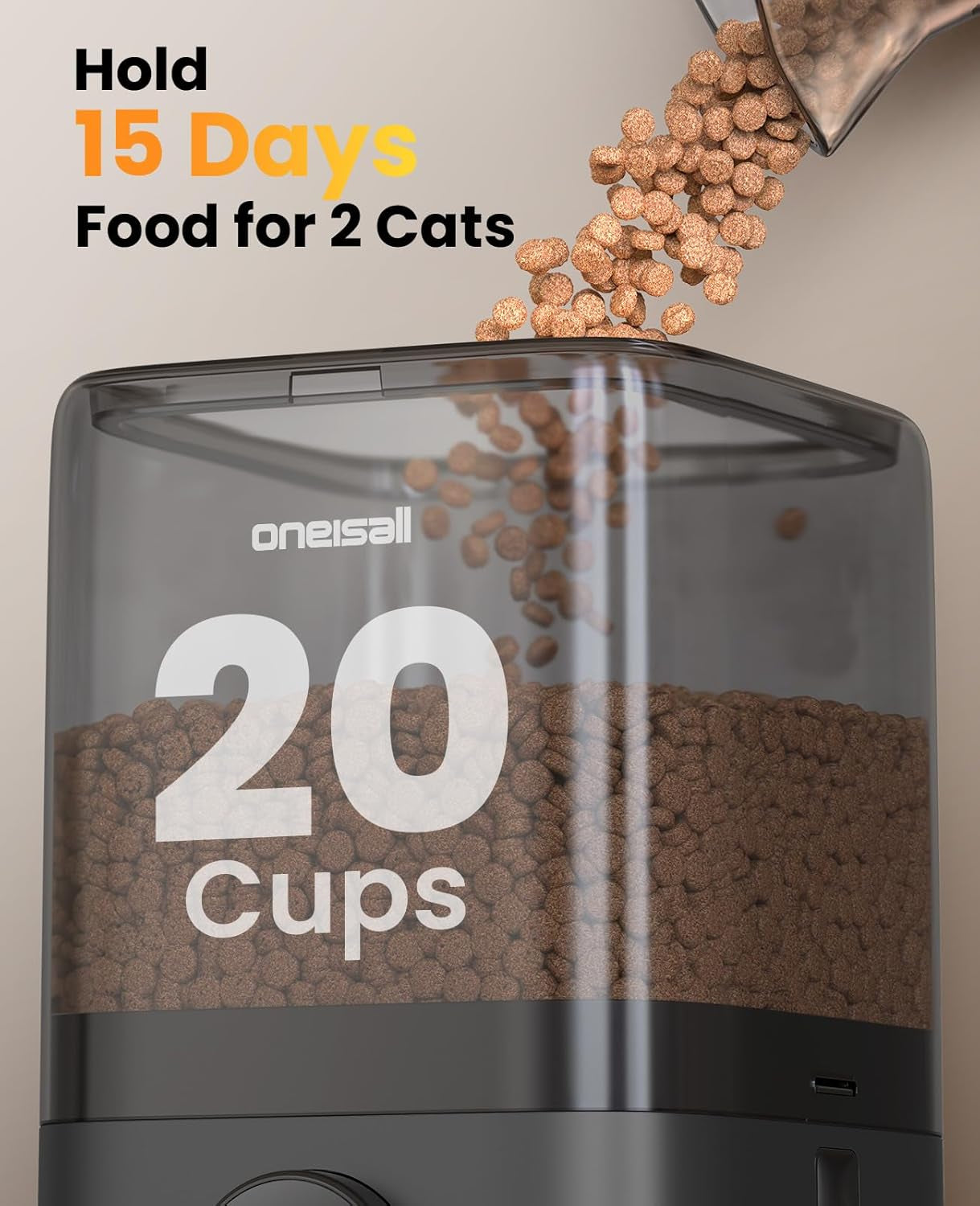 Oneisall Cordless 2.4Ghz Wifi Automatic Cat Feeder for 2 Cats, Rechargeable 100-Day Battery Operated Auto Cat Feeder, 20 Cups/5L Timed Cats Food Dispenser Automatic for Large Kibble, Smart App Control