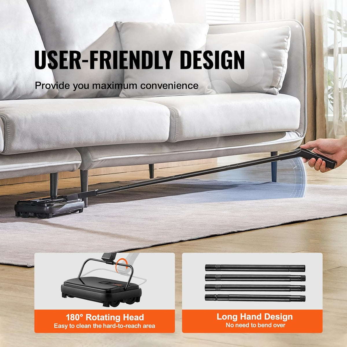 VEVOR Carpet Sweeper Manual, Floor Sweeper with 300 Ml Dustbin Capacity Easy to Empty, for Home Office Carpets Pet Hair Dust, Black