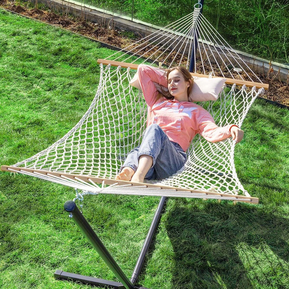 PNAEUT Double Rope Hammock with Stand Included, 12Ft Heavy Duty Stand, 2 Person Traditional Cotton Rope Hammocks with Pillow for outside Porch Patio Backyard Outdoor, Max 475Lbs Capacity (Burlywood)