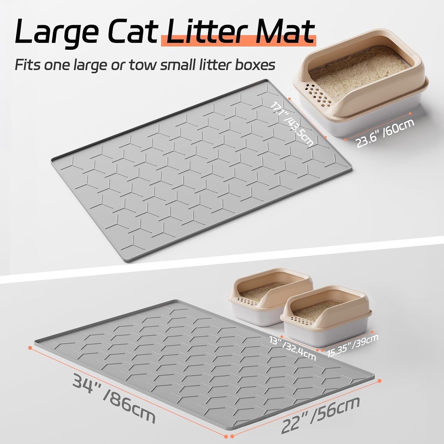 Bulkniu Large Silicone Cat Litter Mat, Waterproof/Urineproof, Litter Recycling, Easy to Clean, Soft on Kitty Paw (22"X34"- Grey)