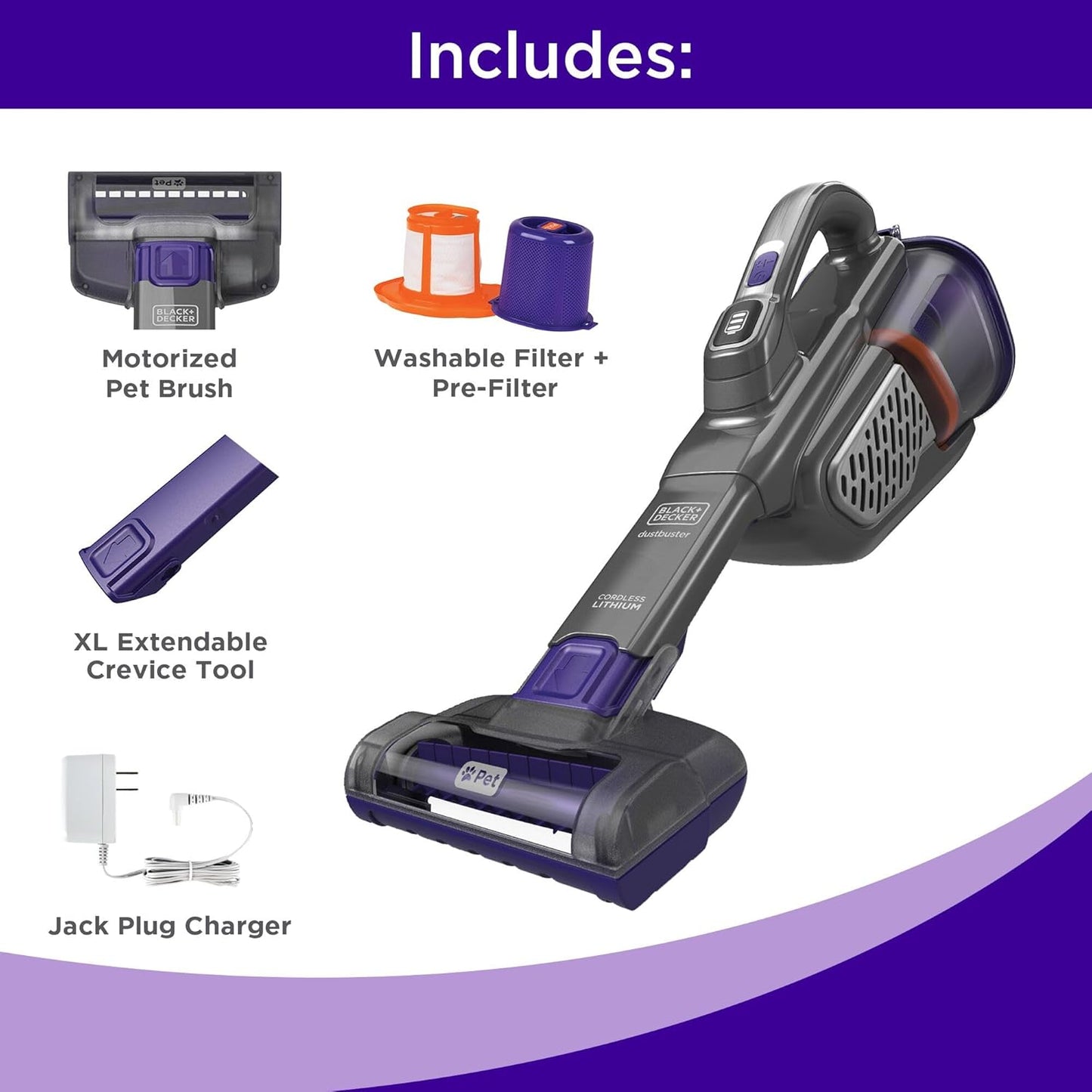 BLACK+DECKER Dustbuster Furbuster Pet Hair Vacuum with Motorized Pet Hair Brush, Handheld Vacuum Cordless for Home and Car, Rechargeable, Portable, Powerful Suction, Advancedclean (HHVK515JP07)