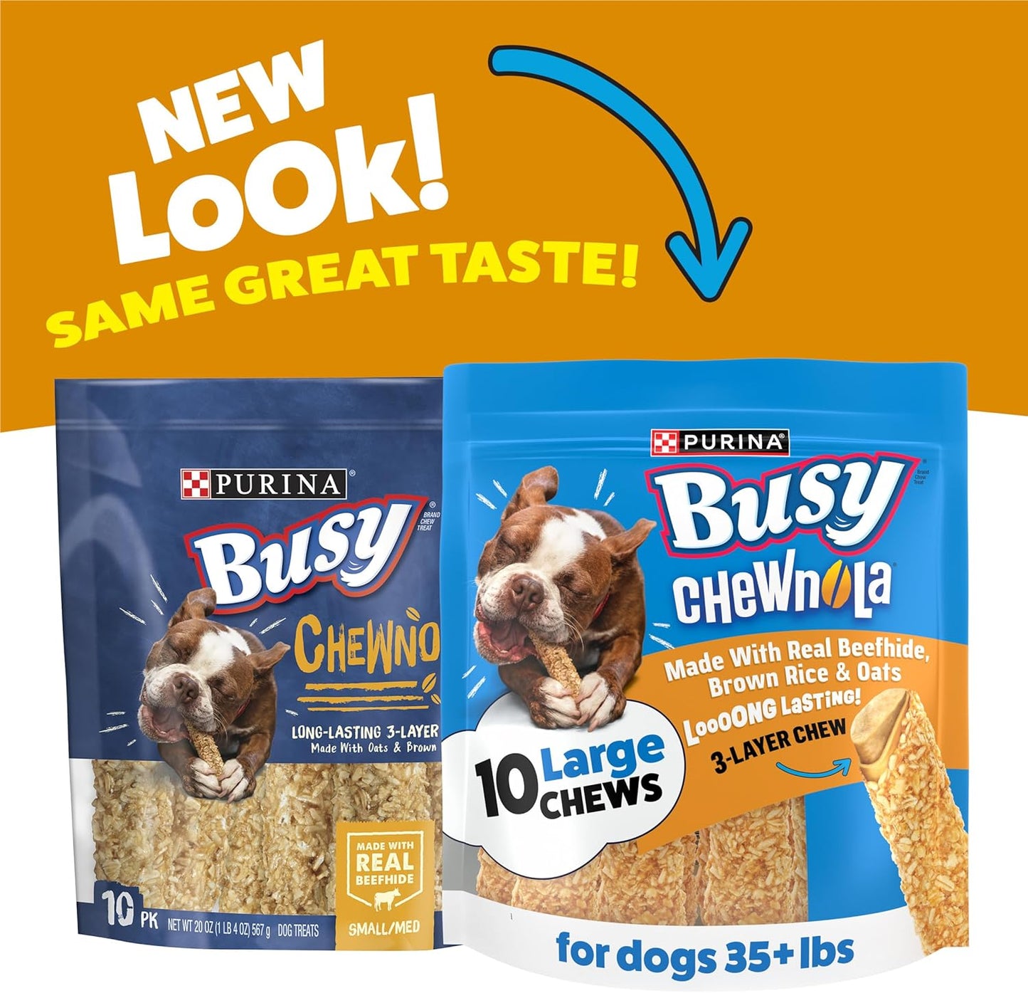 Purina Busy Rawhide Small/Medium Breed Dog Bones, Chewnola with Oats & Brown Rice - 10 Ct. Pouch