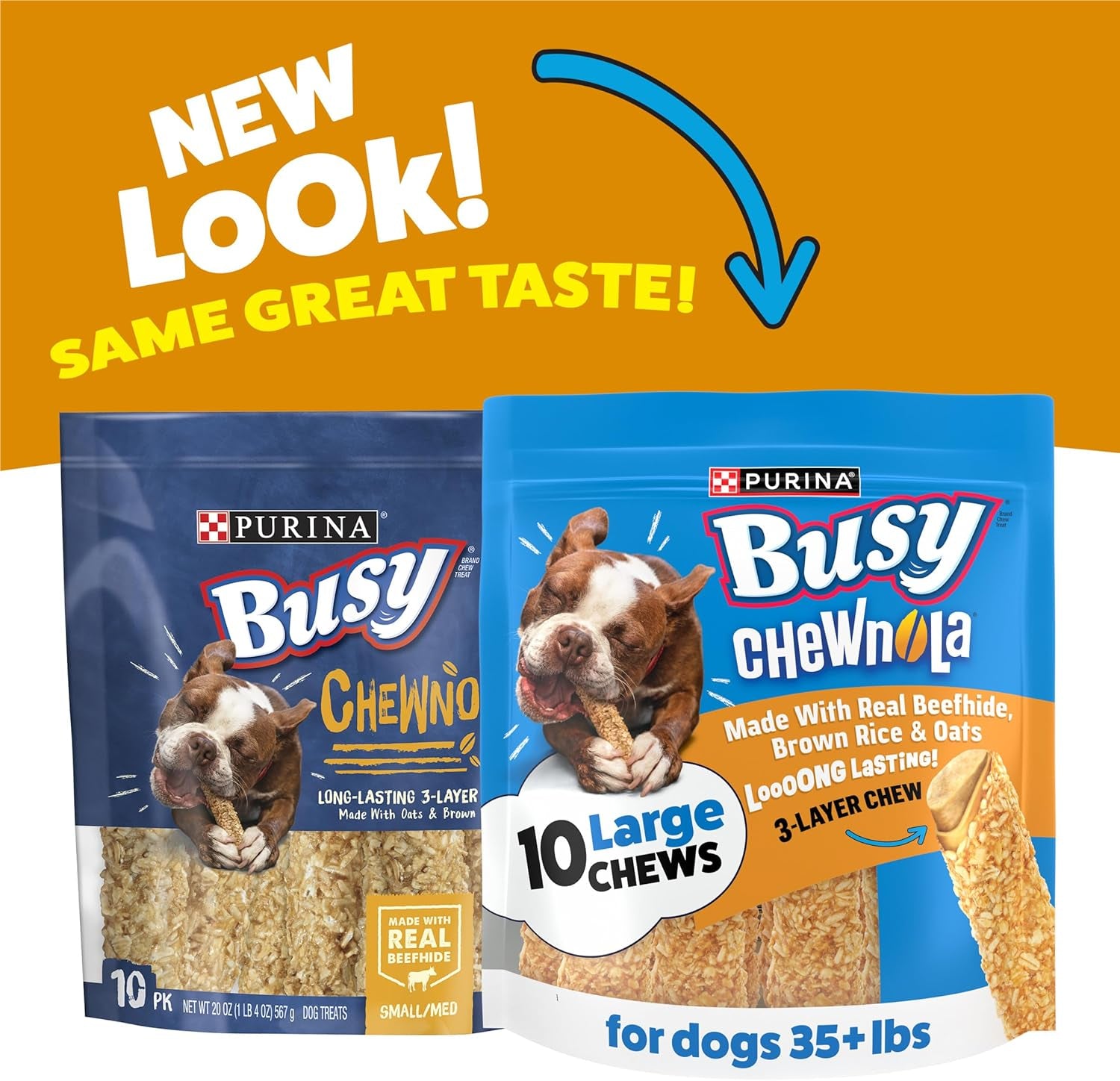 Purina Busy Rawhide Small/Medium Breed Dog Bones, Chewnola with Oats & Brown Rice - 10 Ct. Pouch