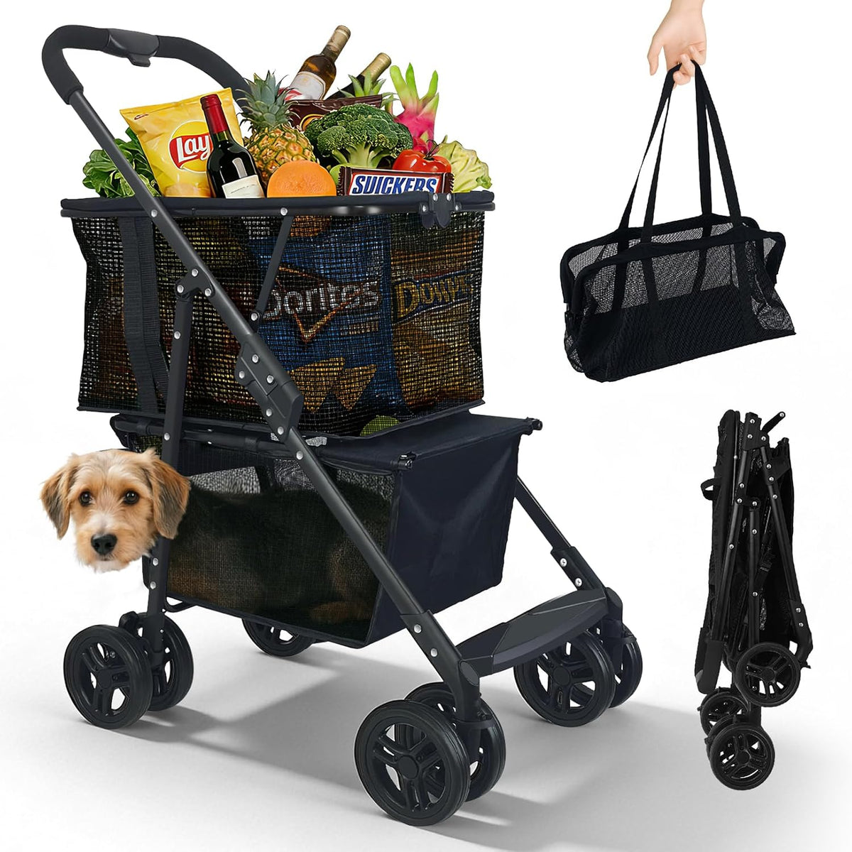 2-In-1 Folding Shopping Cart & Pet Stroller 110 LB Grocery Cart