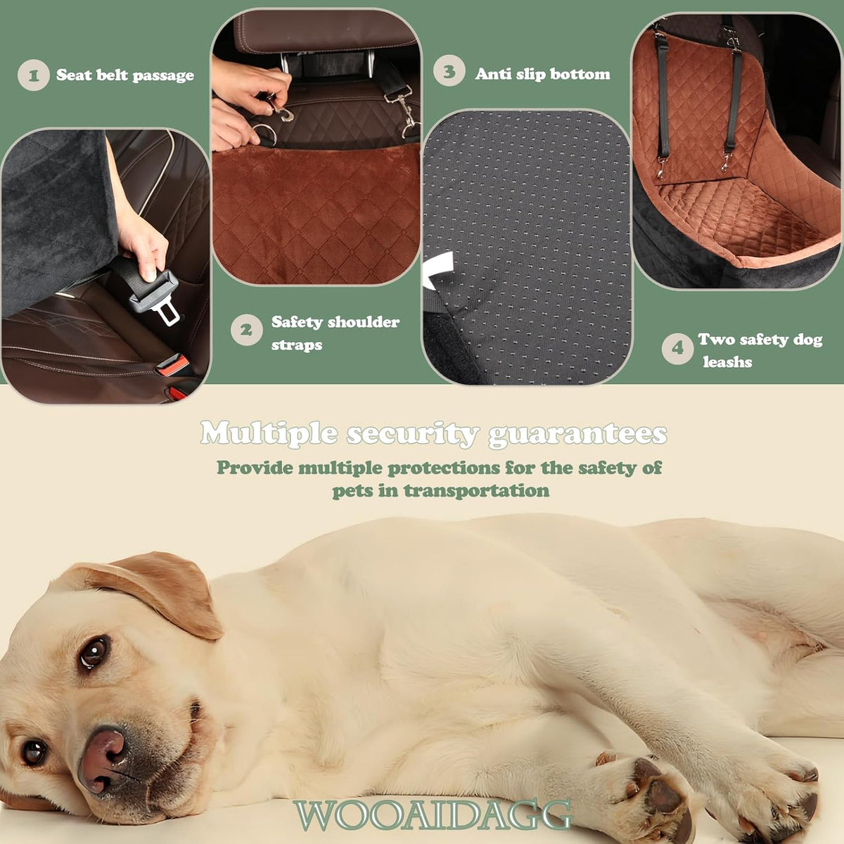 WOOAIDAGG Dog Car Seat for Medium Sized Dog,Pet Travel Car Bed with Seat Belt Channle,Fully Detachable and Washable Car Dog Seat with Adjustable Straps,3 Straps Easy to Install (Black/Grey)